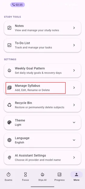 Reordering subjects screenshot