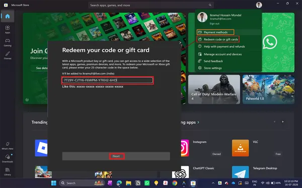 Adding payment method in Microsoft account