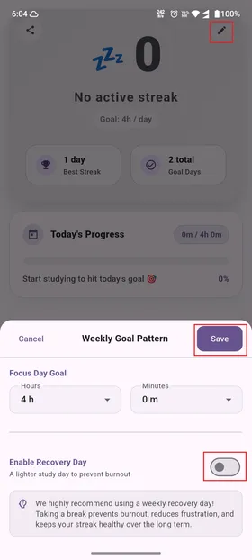 Setting daily goal screenshot