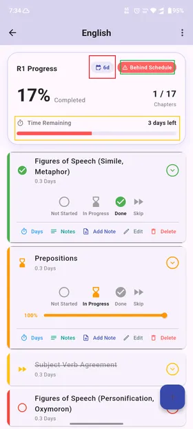 Revision Planner settings screenshot