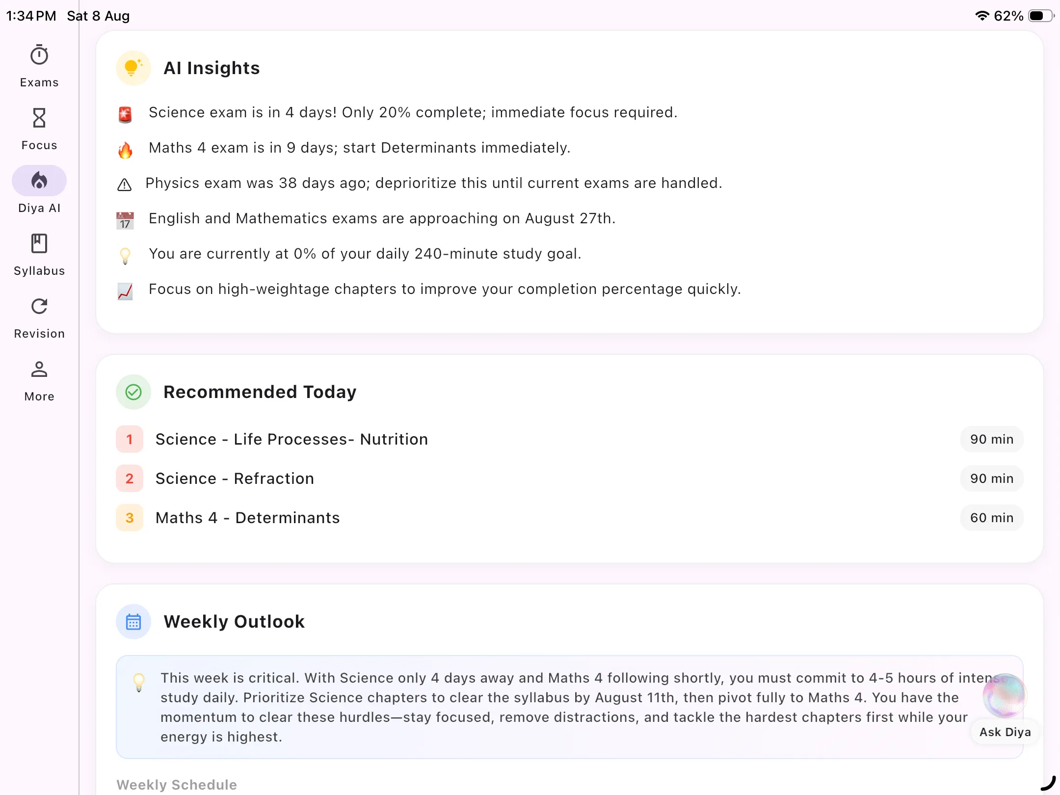 Diya AI Study Planner Tablet Preview showing AI recommendations and automated study timetable