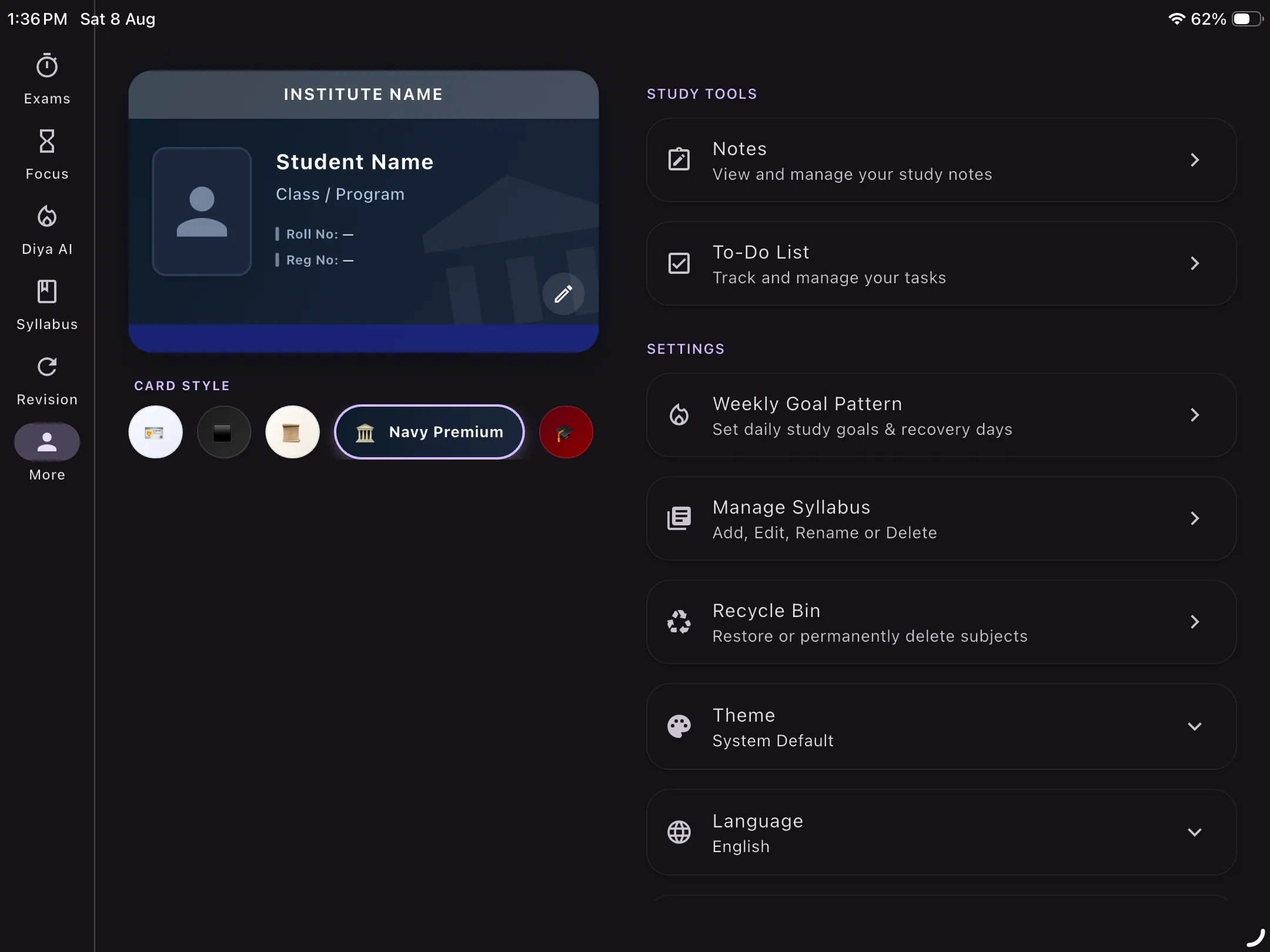 More Tab Overview Preview showing Student ID Card, Dark Theme settings, Notes, and Language preferences