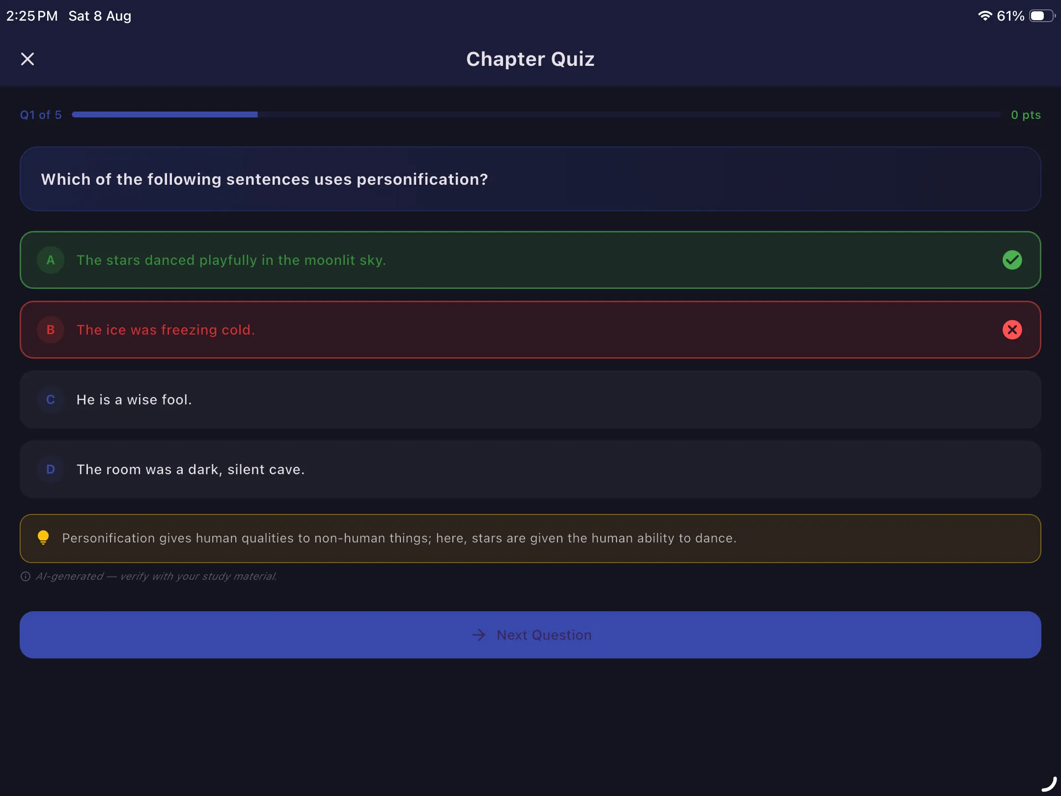 Diya AI Quick Quiz Tablet Preview showing automatically generated subject and chapter quizzes