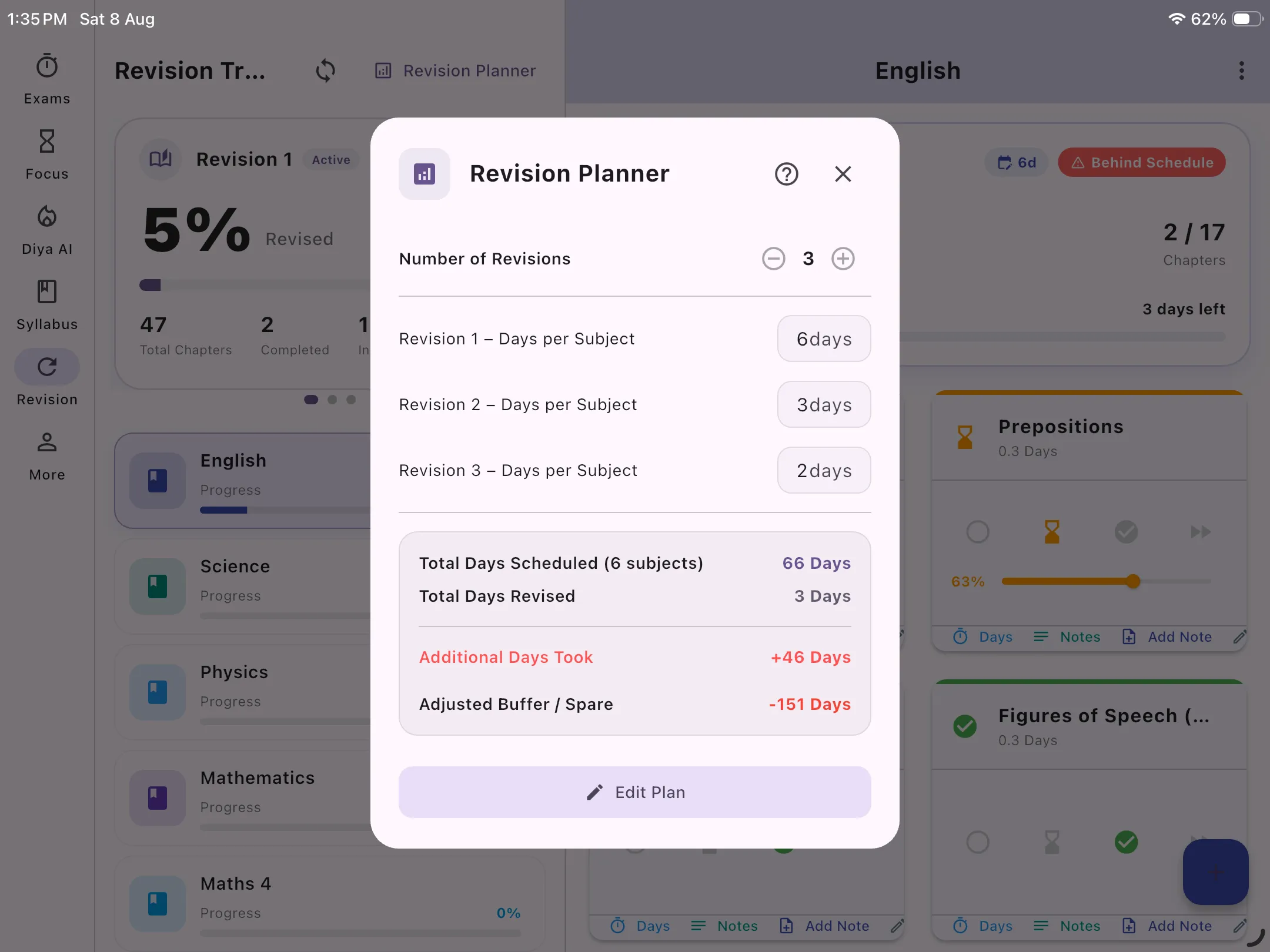 Revision Planner Tablet Preview showing multi-pass revision targets and schedule