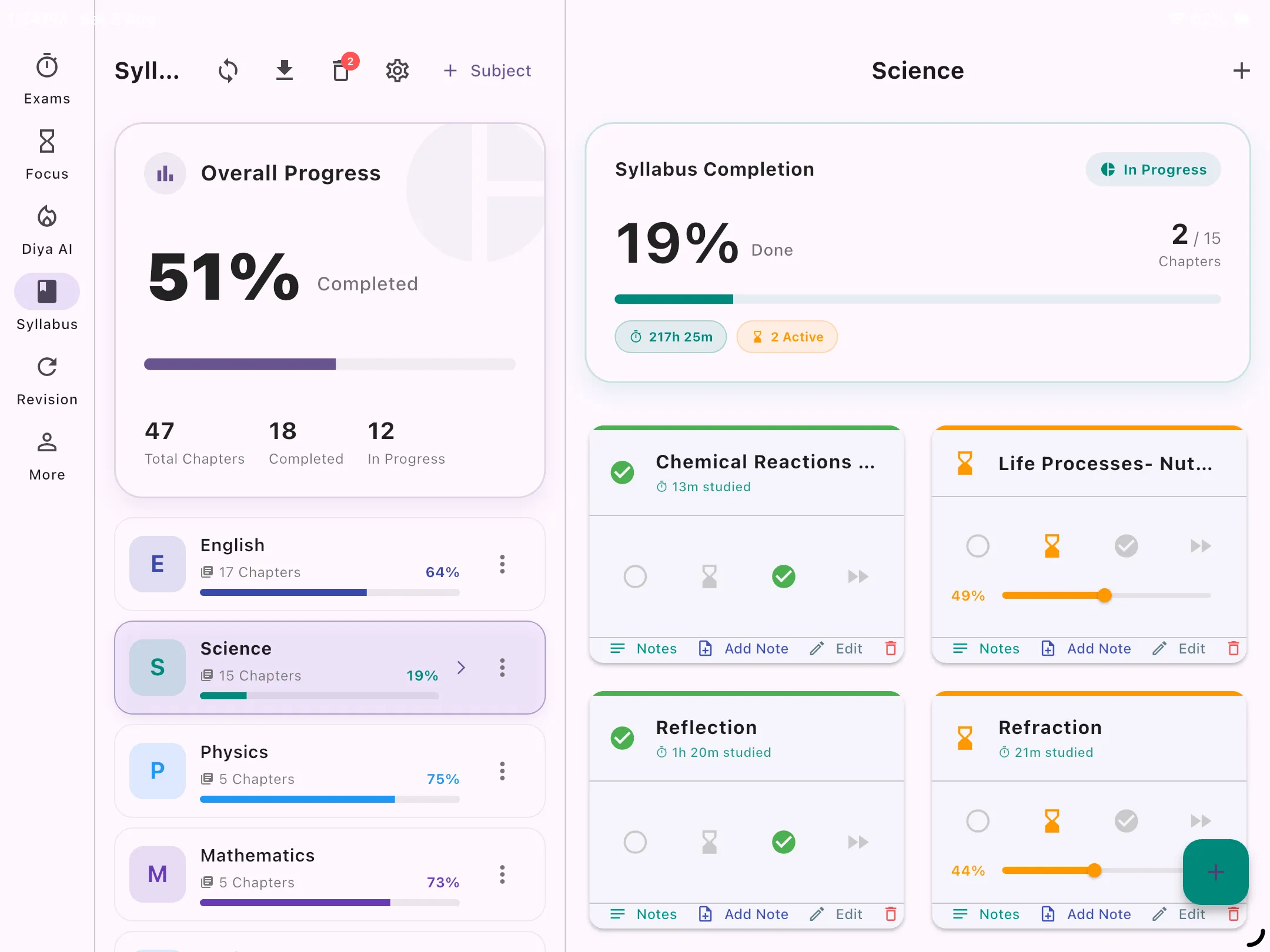 Study Planner Tablet Preview showing daily and weekly subject progress tracking