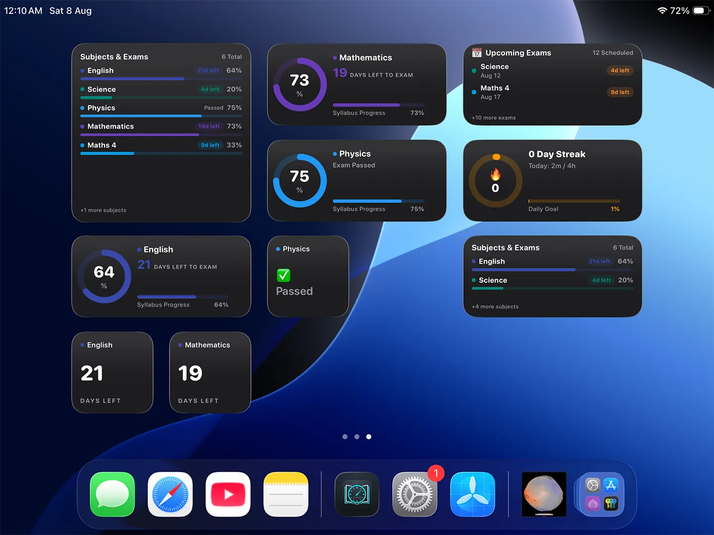 Home Screen Widgets Preview showing upcoming exams, subject progress, countdowns, and streaks